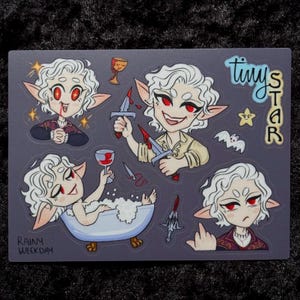 May include: A sticker sheet with illustrations of a vampire character with red eyes and white hair. The character is shown in different poses, such as holding a goblet, knives, and bathing. The text "tiny STAR" and "Rainy Weekday" are also visible.