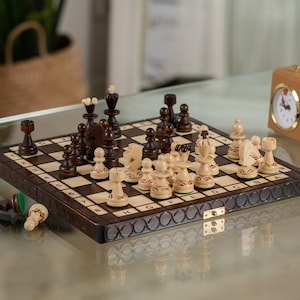 SMALL wooden portable Chess set for kids board game PEARL fully handmade chessboard 30 x 30 cm | Master of Chess