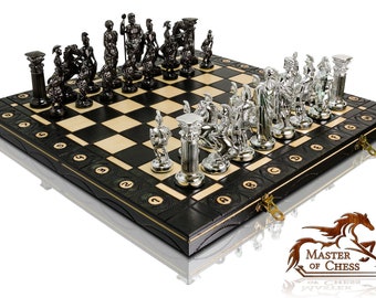 Great SILVER SPARTAN Wooden Chess Set. Large Chess Board 40x40cm & Weighted Plastic Pieces.
