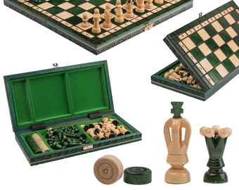 Lovely Green KINGDOM Chess & Draughts 35cm / 13.8in Popular European Wooden Chess Set! Original Product from Master Of Chess (GREEN)