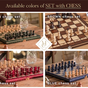 Collage of chess PEARL collection: blue set, brown set, red set, green set. Every set is 100% handmade in Poland, board games, chessboard, chess pieces, pawns, wooden set, wooden game , Europe. MASTER of CHESS