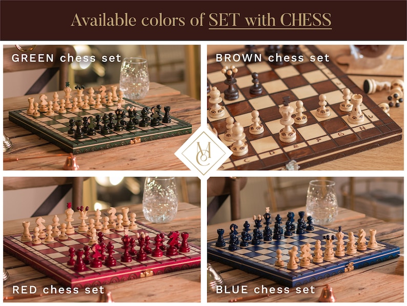 Collage of chess PEARL collection: blue set, brown set, red set, green set. Every set is 100% handmade in Poland, board games, chessboard, chess pieces, pawns, wooden set, wooden game , Europe. MASTER of CHESS
