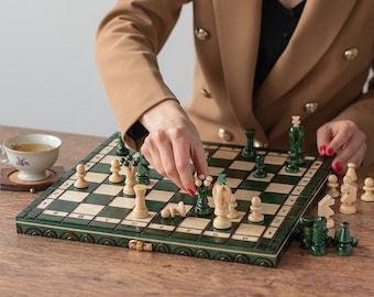 GREEN KINGDOM Wooden Chess & Drafts Set 35cm 13.8in Checkers Drafts Hand Made in Europe Medium Chess Board and Figures for Adults and Kids