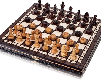 OLYMPIC CHERRY Chess & Drafts - 35cm / 14in Handcrafted Wooden Chess Set with Checkers
