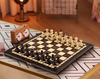 Stunning PEARL 35cm / 13.8in Popular European Wooden Chess Set! Hand Crafted handmade Pieces and Chessboard by Master Of Chess