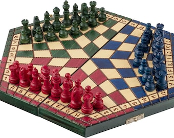 Colorful 3 PLAYERS CHESS SET Wooden | Blue, red green chess | Handcrafted board game | Small size - 28 x 33cm