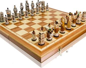 Luxury England Marble Stone Chess Set on Wooden Chessboard, Themed, Every Figure Hand Painted! (ENGLAND)