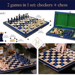 unique blue chess set with checkers, set of board games, wooden games, chess wood, board game, chess board, chess for adults, checkers for kids master of chess