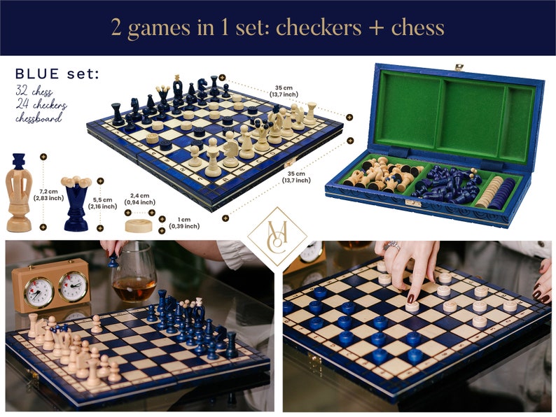 unique blue chess set with checkers, set of board games, wooden games, chess wood, board game, chess board, chess for adults, checkers for kids master of chess
