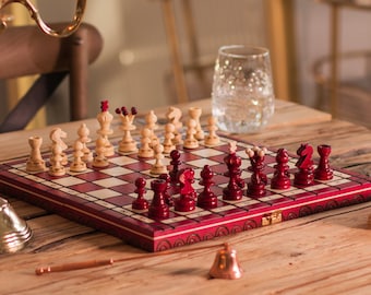 Vintage Red Chess Set in Wooden Folding Board 17 inch square