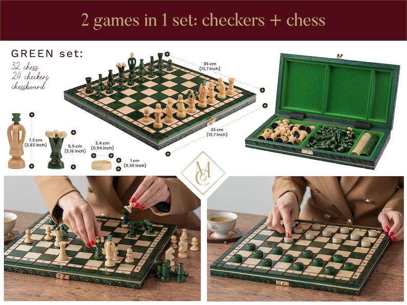 green chess set with checkers, set of board games, wooden games, chess wood, board game, chess board, chess for adults, checkers for kids