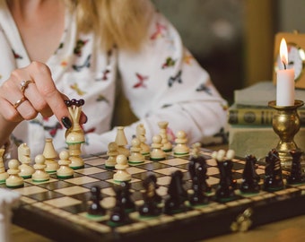 QUALITY CHESS 35cm / 14in Wooden Chess Set and Checkers / Drafts Game, Handcrafted Classic Chess Game