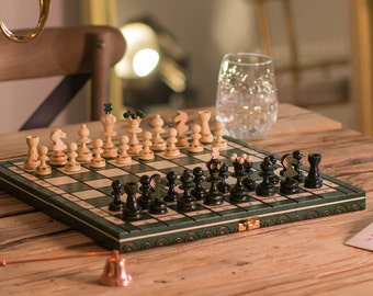 Jeu d'échecs en bois fait main VERT avec planche PEARL 35cm / 13.8in jeu d'échecs en bois avec figurines d'échiquier jeu cadeau | Maître des échecs