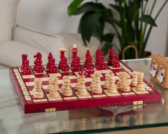 Unique lovely RED wooden chess set large | Pearl xl 42cm / 16in | Handcarved chess pieces chess board with ornaments gift | MASTER of CHESS