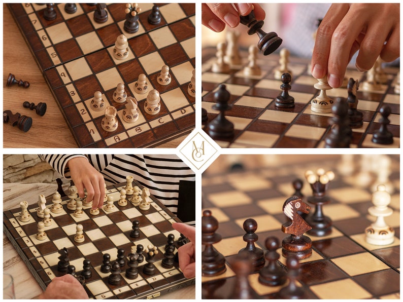 handmade chess board board games Chess piece in hand,   unique burned design on every piece, felted bottom, chess set made of birch and beech wood laying on the table with tea,  PEARL 35cm birch wood masterofchess MOC