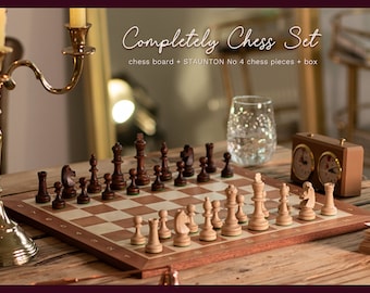COMPLETELY tournament Wooden chess set | FULLY HANDMADE | inlaid chessboard + official Staunton No.5 chess pieces + chess box | 48cm