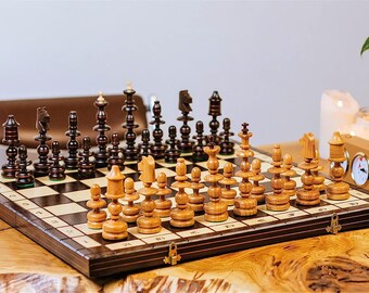 Exclusive OLD POLISH 56cm / 22in Luxury Large Wooden Chess Set Copper Incrusted Stunning Chess Board Amazing Chess Pieces for Adults Kids