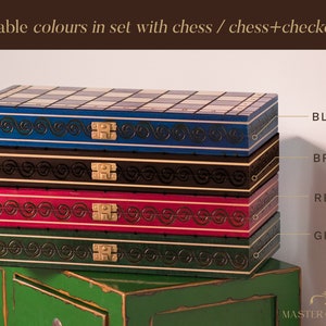 Photo presents 4 chess sets of PEARL collection laying on the green dresser: blue set, brown set, red set, green set. Every set is 100% handmade in Poland, Europe.