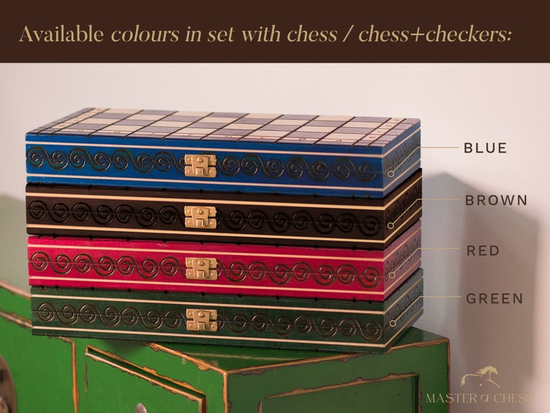 Photo presents 4 chess sets of PEARL collection laying on the green dresser: blue set, brown set, red set, green set. Every set is 100% handmade in Poland, Europe.