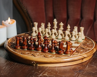 Wooden HAND CARVED chess set - made of solid cherry wood | Round chess board RUBY 35cm | Staunton chess pieces | Master Of Chess