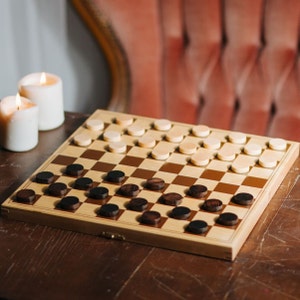 Juego de DAMAS de madera para niños, viajes | Juego de mesa de aspecto natural y artesanal| juego de borradores de madera con almacenaje y 40 peones | 32 cm/13 pulgadas