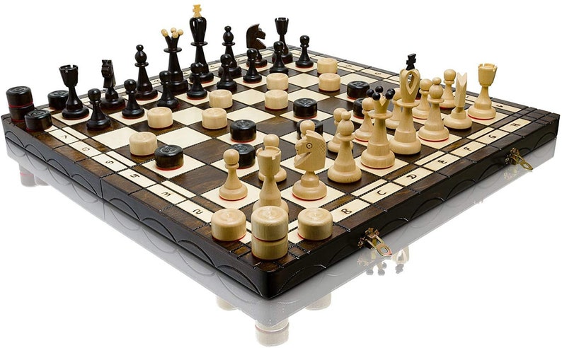 HUGE 50cm / 20in Largest Wooden Chess Set and Checkers / Draughts Game, Handcrafted Classic Chess Game image 1