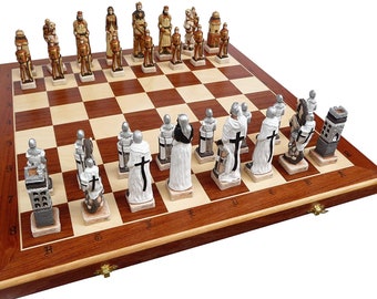 Luxury England, Egypt, Grunwald Marble Stone Chess Set on Wooden Chessboard, Themed, Every Figure Hand Painted! (GRUNWALD)