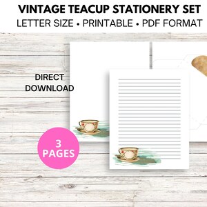 Papelaria Vintage Teacup, Papel de Notas Digital, Papelaria Pautada 8,5 x 11 Polegadas, Papelaria em Branco, Conjunto de Papelaria para Impressão Teacup, Envelope