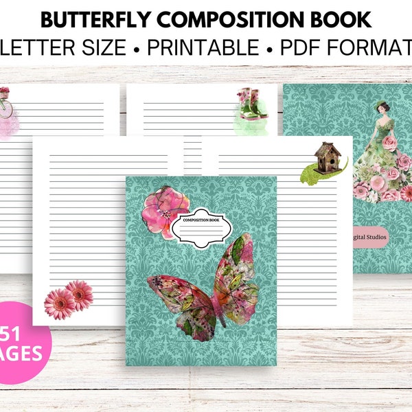 Butterfly Composition Notebook, Lined Notebook, Printable Composition Workbook, Vintage Butterfly Notebook, School Composition Notebook