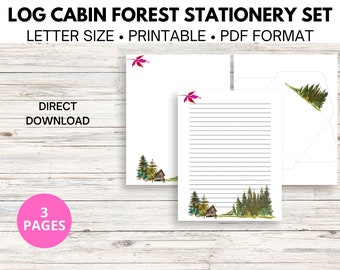 Log Cabin Forest Stationery, Digital Notepaper, 8.5 x 11 Inch Lined Stationery, Blank Stationery, Printable Stationery Set, Envelope