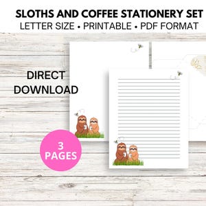 Sloths Coffee Stationery Set, Digital Notepaper, 8.5 x 11 Inch Lined Stationery, Printable Blank Stationery, Sloth Stationery Set, Envelope