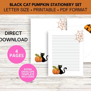 Halloween Black Cat Pumpkin Stationery Set, Black Cat Notepaper, 8.5 x 11 Inch Lined Stationery, Blank Stationery, Decorative Envelopes