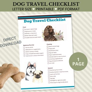 Könnte beinhalten: Eine druckbare Checkliste für Hunde auf Reisen im PDF-Format. Die Checkliste enthält Abschnitte für Futter, Medikamente und allgemeine Artikel. Das Bild zeigt einen Hundeknochen und Illustrationen eines Cockerspaniels, eines Huskys und einer Möpse.