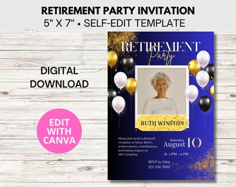 Retirement Party Invitation, Self Edit Template Retirement Invitation, Digital Download Invitation, Custom Printable Farewell Invitation