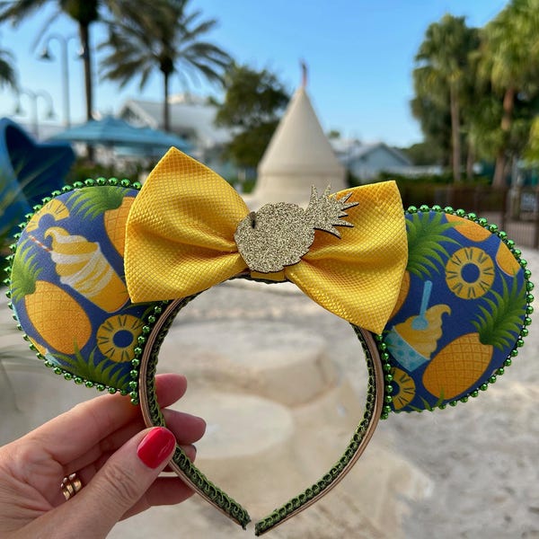 Dole Whip Ears Headband for Disney, Pineapple Mickey Mouse Ears, Polynesian Minnie Ears with Pineapple Dole Whip, handmade Minnie headband