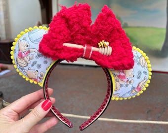 Winnie the Pooh Mickey Ears | Cozy Pooh Bear Minnie Ears | Handmade Winnie the Pooh Mouse Ears | Honey Dipper & Bee Bow Accent | for adults