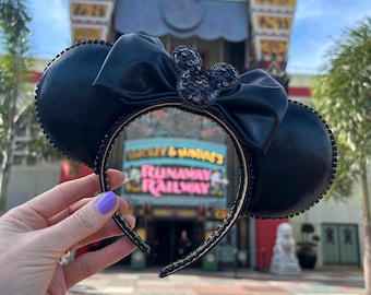 Classic black leather Mickey Mouse ears for adults, Black Minnie ears for Disney, basic black Mouse ear headband, rhinestone Mickey ears