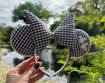 Seersucker Mickey Ears for adults teens kids, Dapper Day Headband for Disney parks, Blue White Black Gingham plaid minnie ears, Beach Club