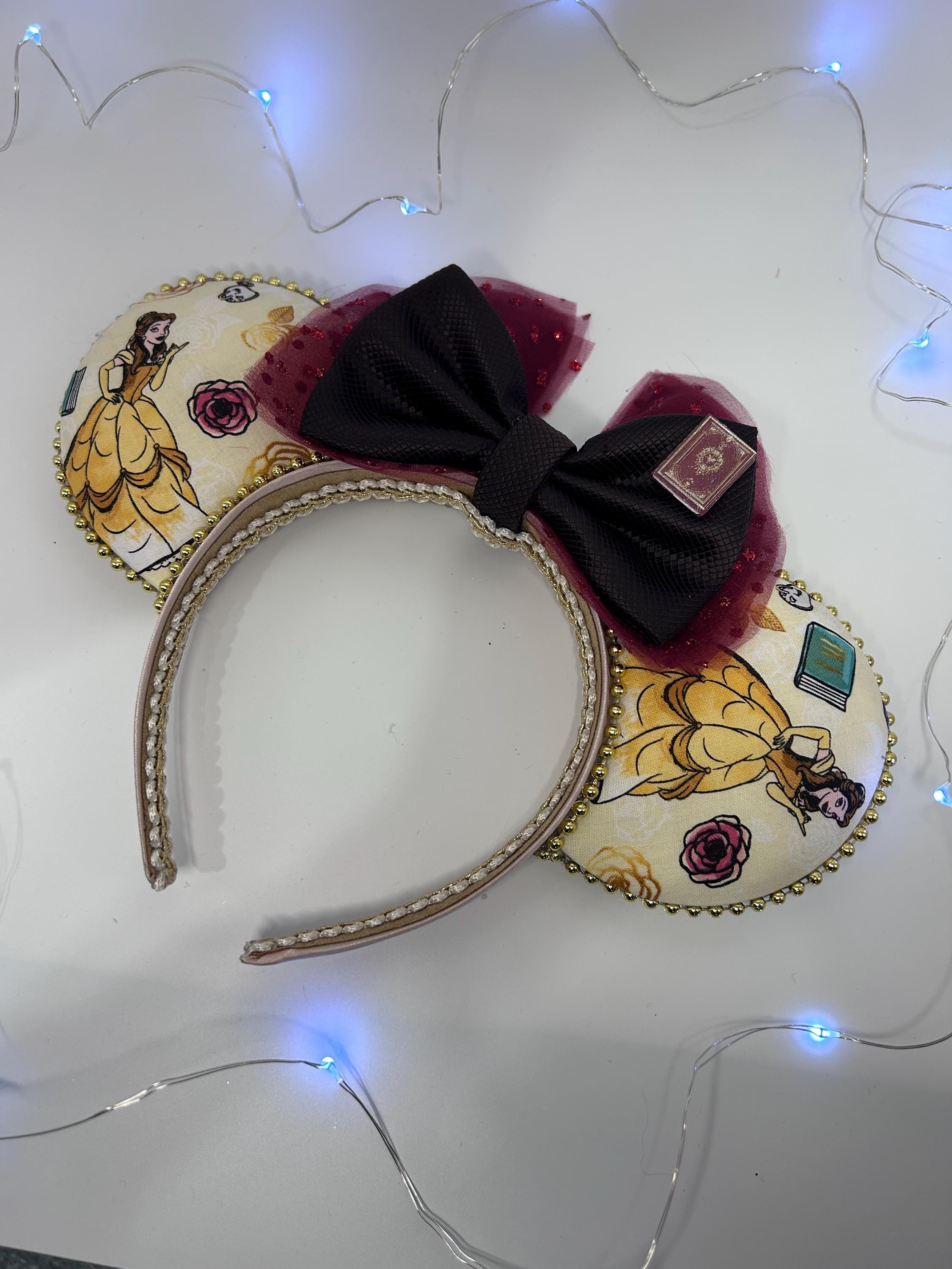 New Disney Park Beauty and the Beast Minnie Mouse Ears Belle Bow Headband. Beautiful Belle Minnie Ears Swoosh into Disneyland  main image 2