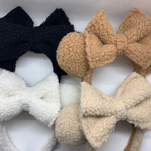 cream sherpa mouse ears, brown teddy bear mickey ears for adults, cozy winter minnie ears headband for disney theme park, black sherpa ears