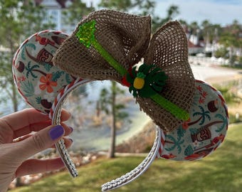 pineapple tiki polynesian mickey ear headband, burlap palm tree Aulani minnie ears for adults teens kids, aloha hawaii inspired mouse ears