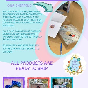 May include: A collection of handmade Disney-themed accessories, including mouse ears, headbands, fanny packs, and scrunchies. The products are packaged in tissue paper and placed in a box for safe travel. The shop name is "Magic Mirror Ear Co."