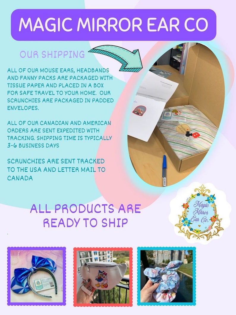May include: A collection of handmade Disney-themed accessories, including mouse ears, headbands, fanny packs, and scrunchies. The products are packaged in tissue paper and placed in a box for safe travel. The shop name is "Magic Mirror Ear Co."