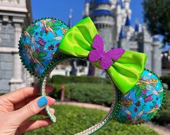 adult plush Princess Tinkerbell inspired Mouse ear headband for Disney trip, double sided whimsical Mickey ears, floral Tinkerbell ears