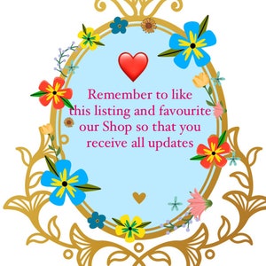 May include: A blue and white oval frame with gold trim and floral accents. The frame has a light blue background with a red heart and the text "Remember to like this listing and favourite our Shop so that you receive all updates".