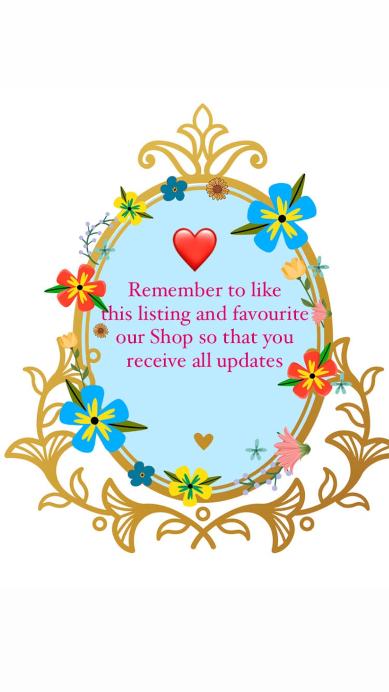 May include: A blue and white oval frame with gold trim and floral accents. The frame has a light blue background with a red heart and the text "Remember to like this listing and favourite our Shop so that you receive all updates".