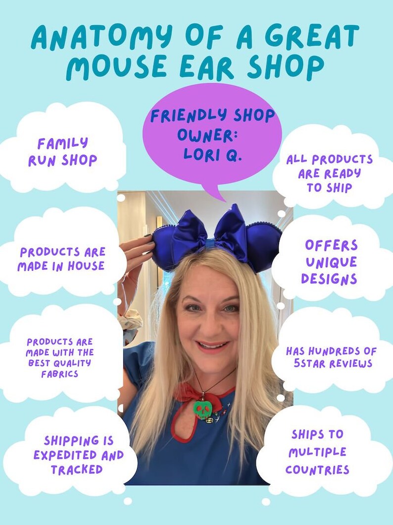 May include: A woman wearing blue mouse ears with a bow holds up a sign that reads "Anatomy of a Great Mouse Ear Shop". The sign is surrounded by speech bubbles with details about the shop, such as "Family Run Shop", "Friendly Shop Owner: Lori Q.", "Offers Unique Designs", and "Ships to Multiple Countries".
