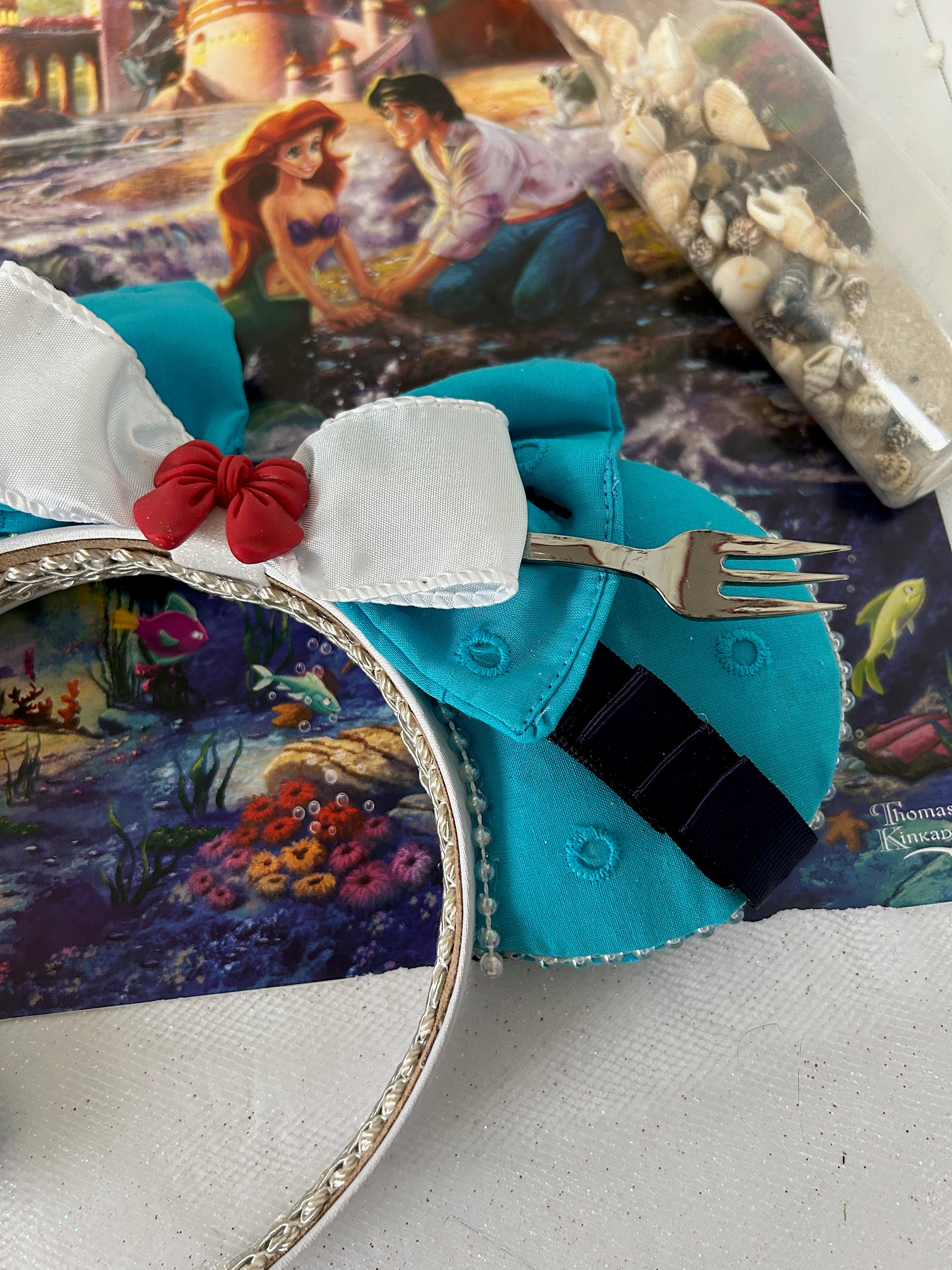 New York Couture Handmade Vintage Ariel the Little Mermaid Mouse Ears Headband Ariel Blue Dress Minnie Ears for Adults, Ariel Headband for  main image 3