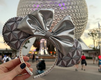 Grey Silver Spaceship Earth Mickey Ears for adults, EPCOT globe Minnie Mouse ears for kids,soft double sided handmade Minnie ears for Disney