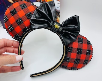 Bedazzled Halloween Mickey ears for adults, glittery Halloween buffalo plaid Disney ears for Halloween Party, orange black rhinestone ears
